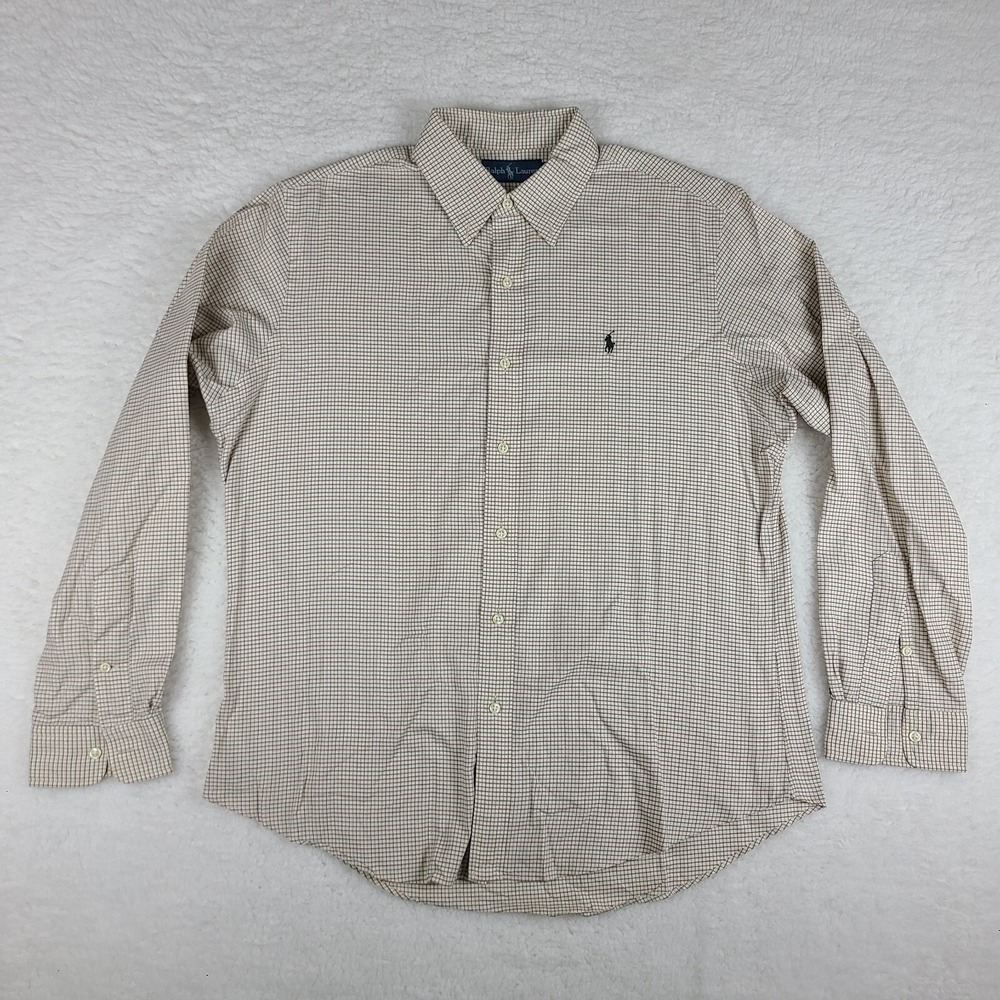 Ralph Lauren Shirt Mens Large Beige Multi Color Check Dress Button Down VTG *